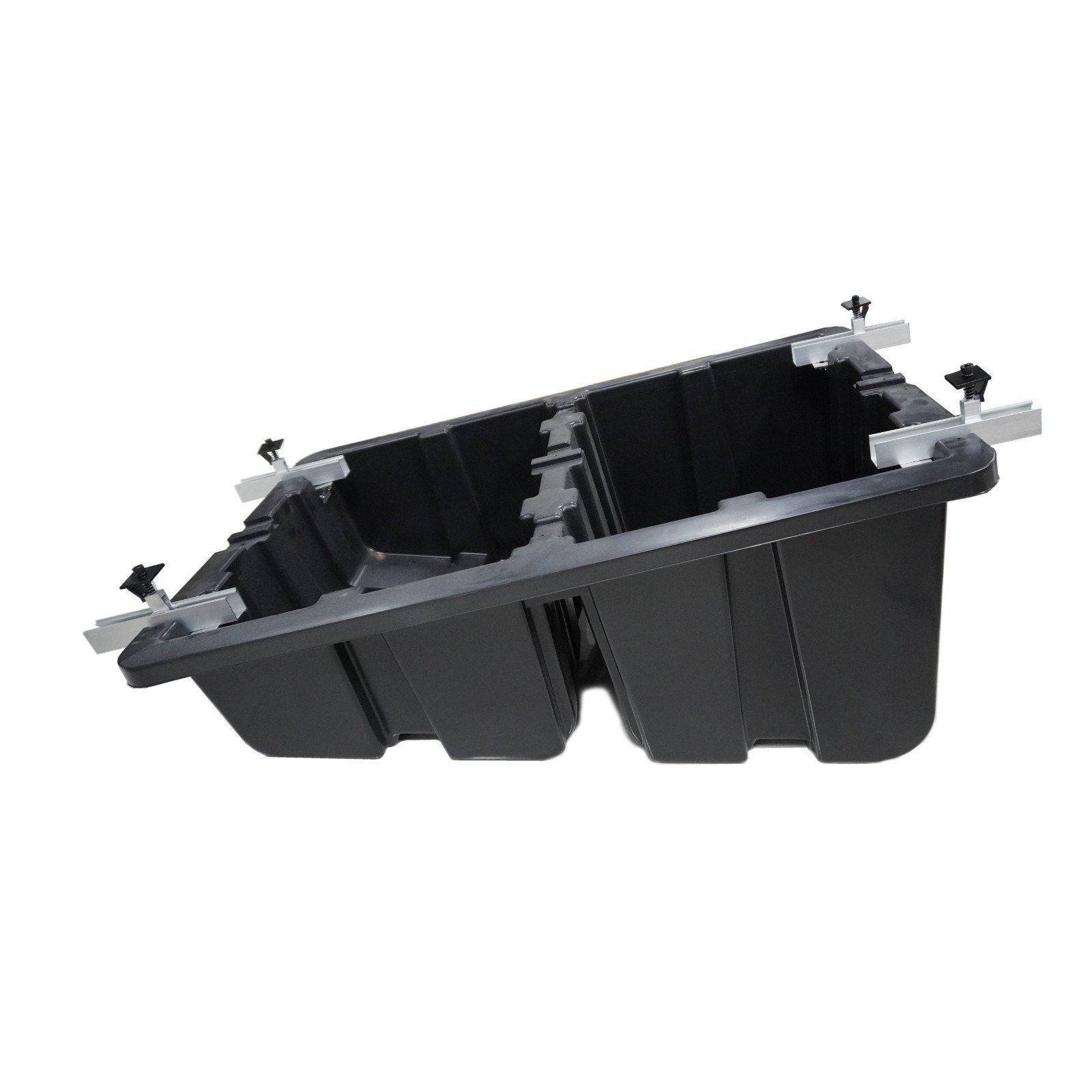 Empty injection-moulded HDPE Fast Tub viewed at an angle, showing the ribbed internal walls and the rail clamps fitted along both sides